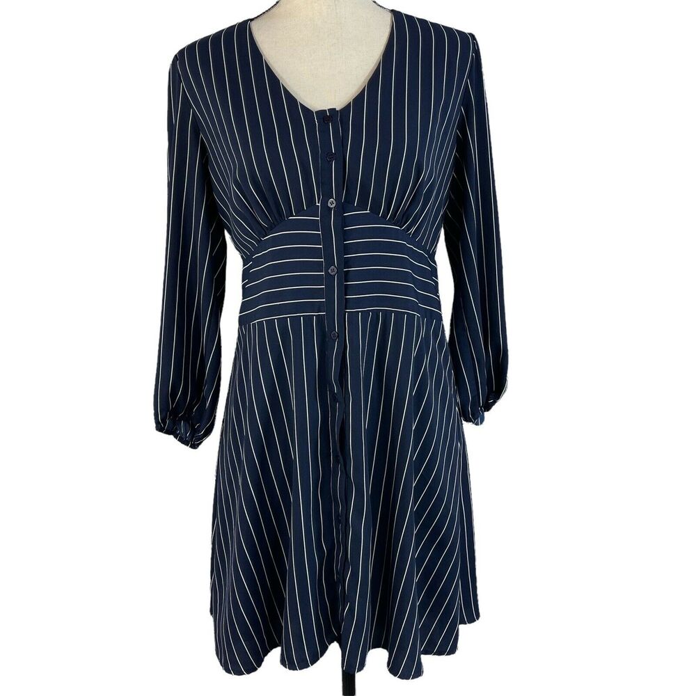 19 Cooper Medium A-Line Mini Dress Striped V-Neck 3/4 Sleeves Button-Up Lined